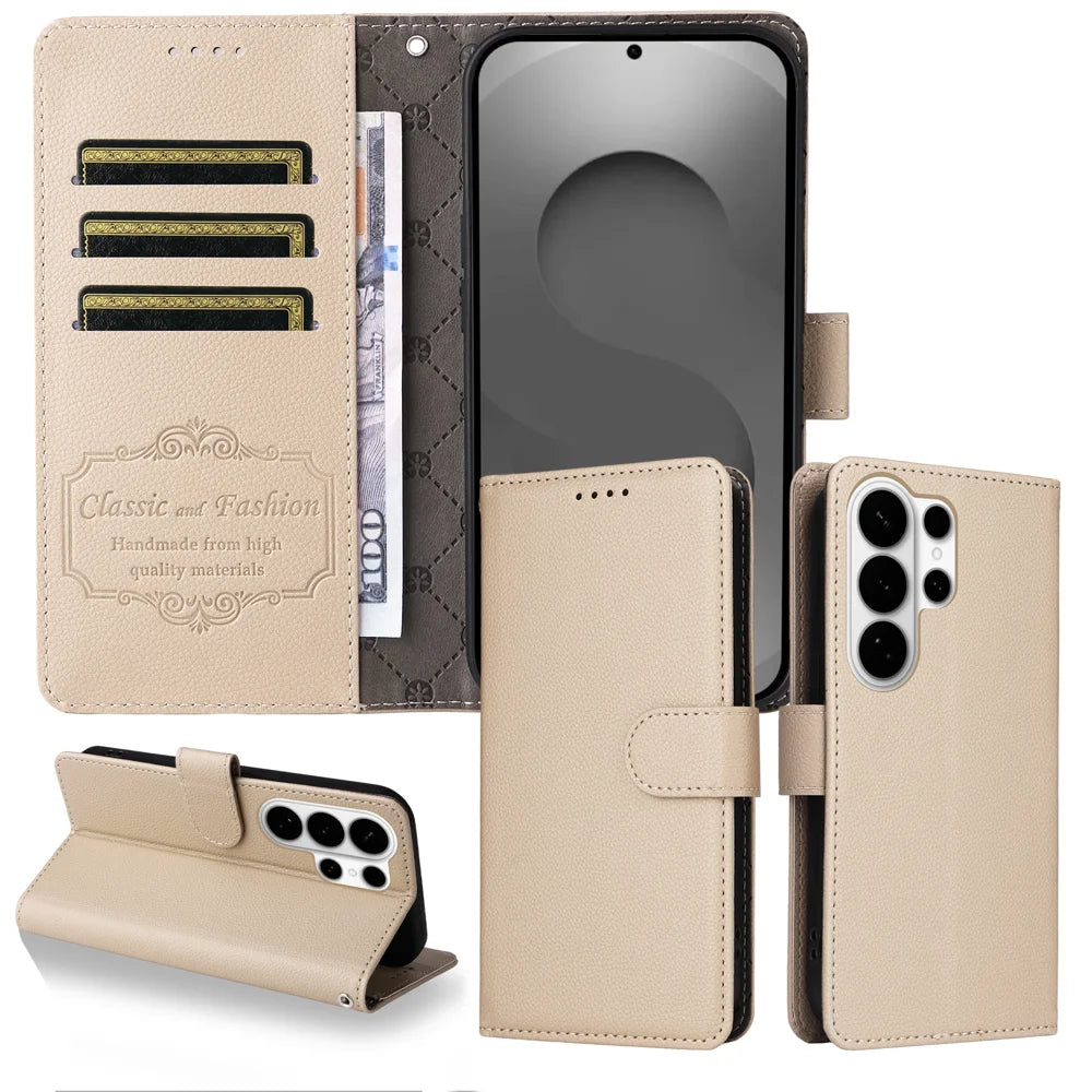 For Samsung Galaxy S26 Ultra Case RFID Blocking 3 Card Slots PU Leather Phone Cover with Wrist Strap - Creamy White - 3