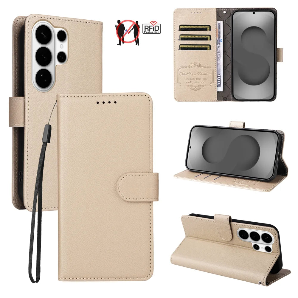 For Samsung Galaxy S26 Ultra Case RFID Blocking 3 Card Slots PU Leather Phone Cover with Wrist Strap - Creamy White - 4