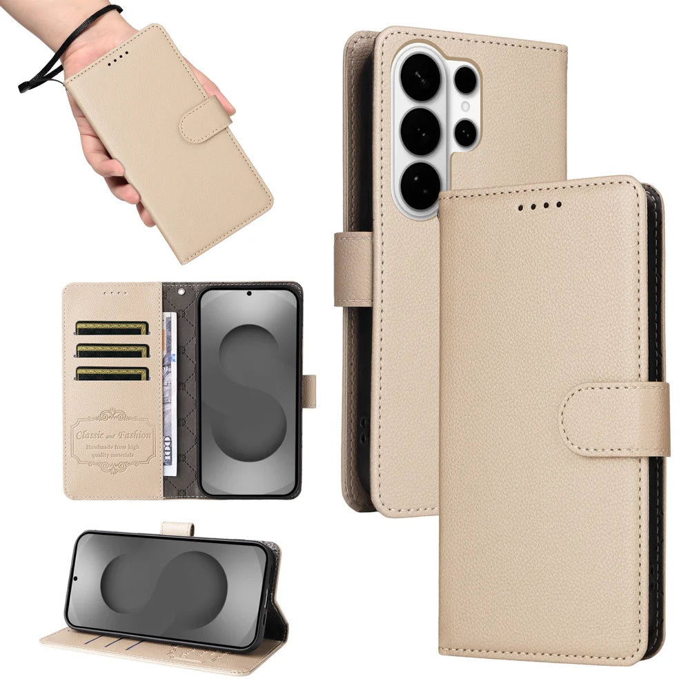 For Samsung Galaxy S26 Ultra Case RFID Blocking 3 Card Slots PU Leather Phone Cover with Wrist Strap - Creamy White - 5