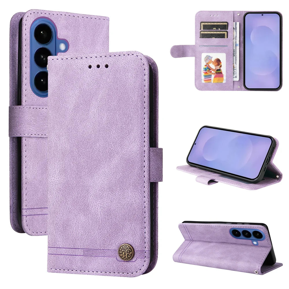 For Samsung Galaxy S26 Leather Wallet Cases Skin Touch Phone Cover Stand with Strap - Purple - 3