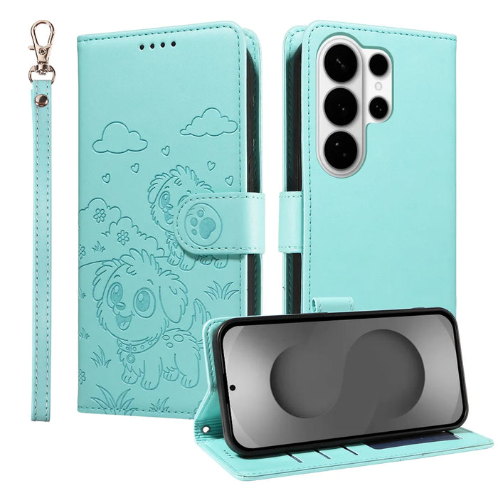 For Samsung Galaxy S26 Ultra Case RFID Blocking Imprinted Dog Pattern PU Leather Phone Cover with Wrist Strap - Green - 1