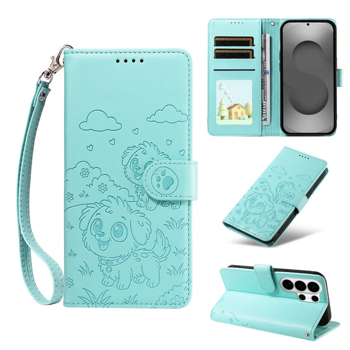 For Samsung Galaxy S26 Ultra Case RFID Blocking Imprinted Dog Pattern PU Leather Phone Cover with Wrist Strap - Green - 2