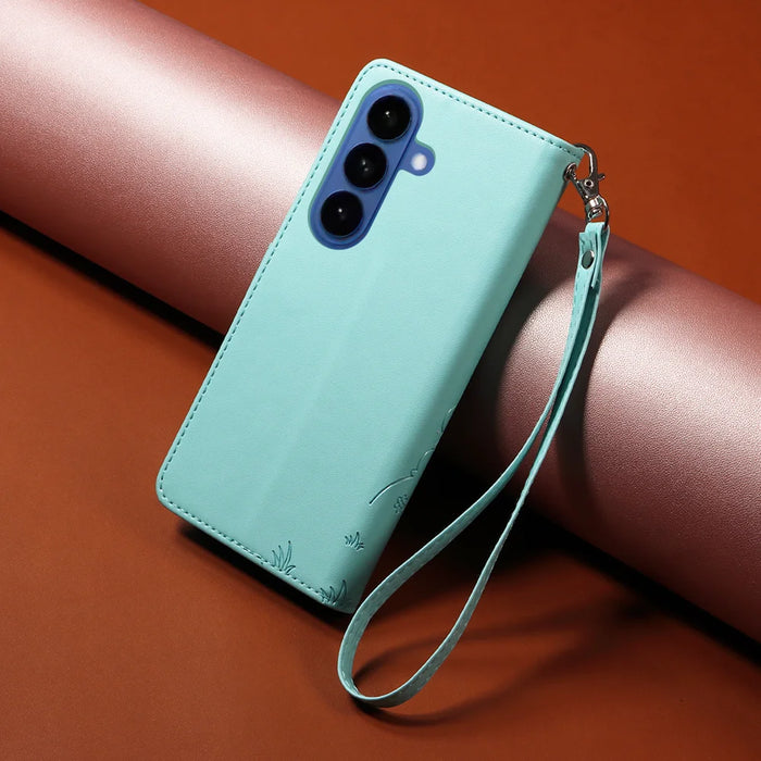 For Samsung Galaxy S26 Case RFID Blocking Imprinted Dog Pattern PU Leather Phone Cover with Wrist Strap - Green - 3