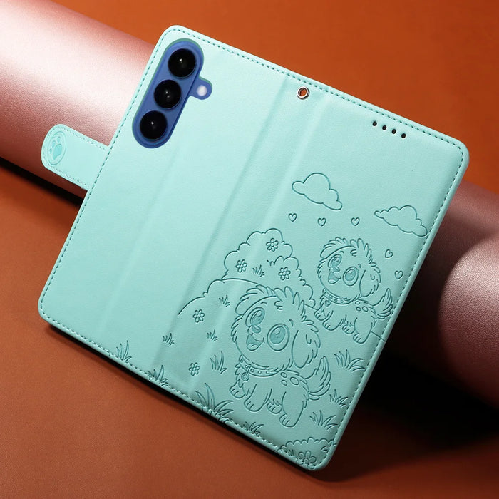 For Samsung Galaxy S26 Case RFID Blocking Imprinted Dog Pattern PU Leather Phone Cover with Wrist Strap - Green - 4