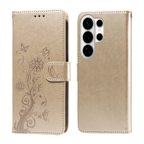 For Samsung Galaxy S26 Ultra Leather Case Butterfly Floral Imprint Wallet Stand Cover - Golden - 1