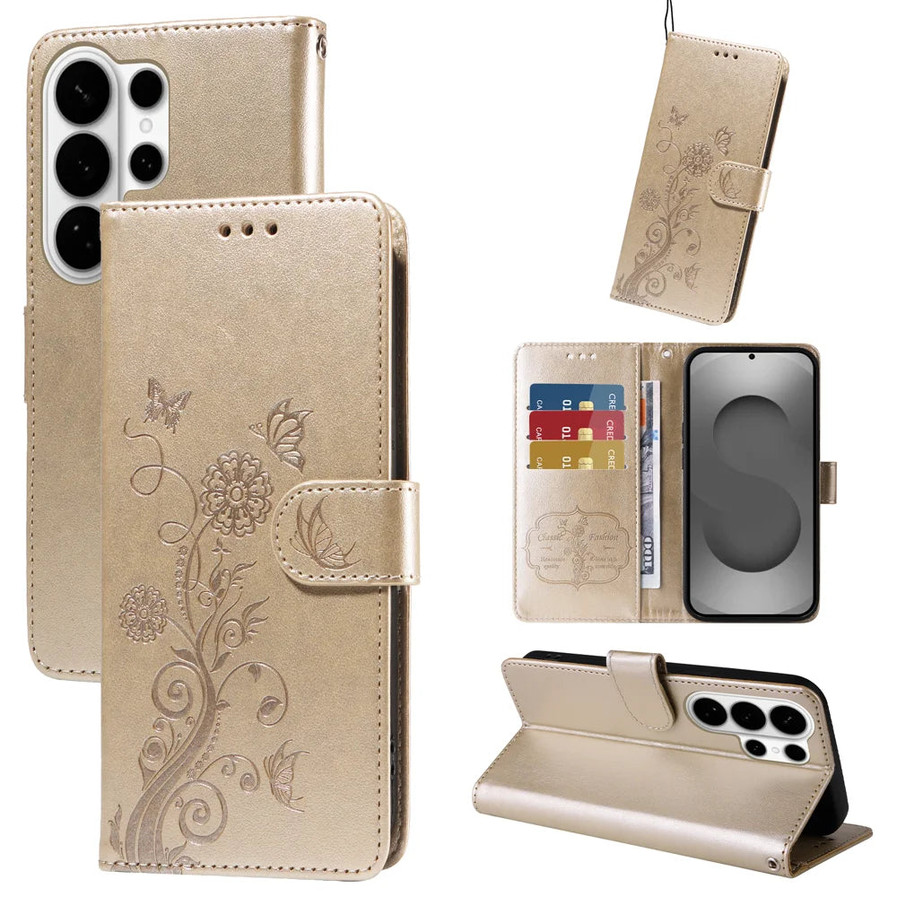 For Samsung Galaxy S26 Ultra Leather Case Butterfly Floral Imprint Wallet Stand Cover - Golden - 2