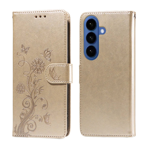 For Samsung Galaxy S26 Leather Case Butterfly Floral Imprint Wallet Stand Cover - Golden - 1