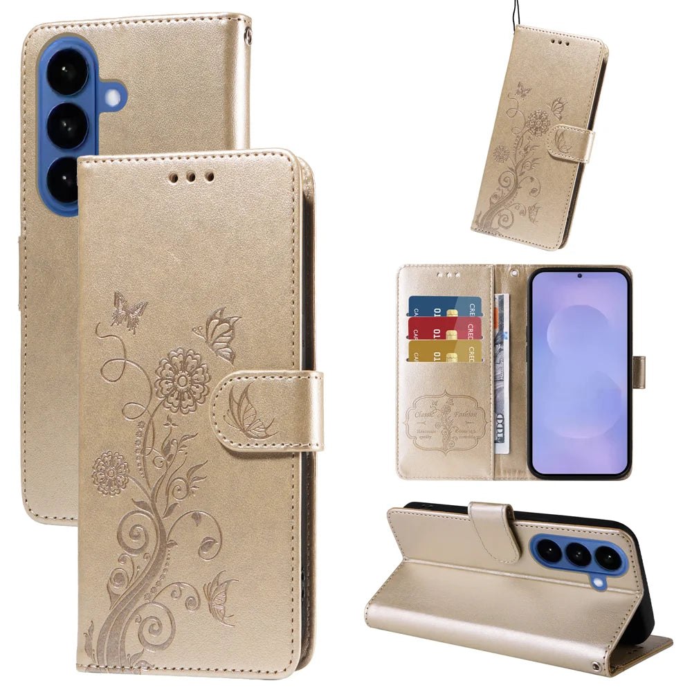 For Samsung Galaxy S26 Leather Case Butterfly Floral Imprint Wallet Stand Cover - Golden - 2