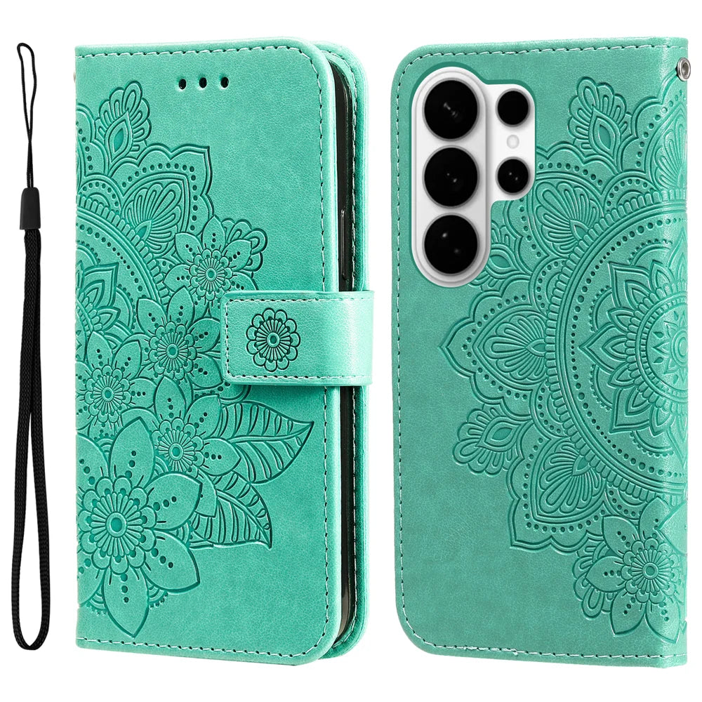 For Samsung Galaxy S26 Ultra Case Floral Pattern PU Leather Wallet Stand Phone Cover - Green - 1