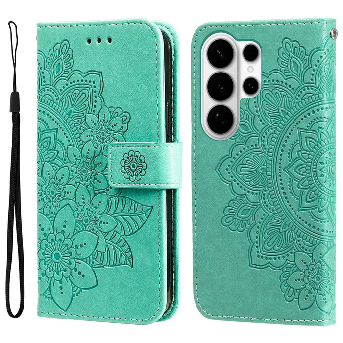 For Samsung Galaxy S26 Ultra Case Floral Pattern PU Leather Wallet Stand Phone Cover - Green - 1