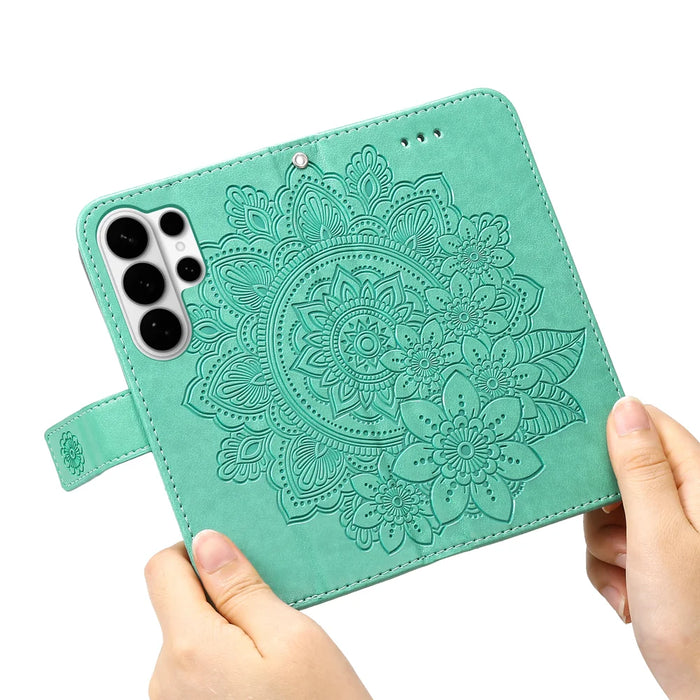 For Samsung Galaxy S26 Ultra Case Floral Pattern PU Leather Wallet Stand Phone Cover - Green - 2