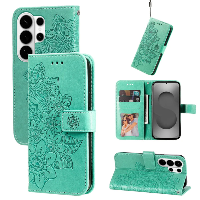 For Samsung Galaxy S26 Ultra Case Floral Pattern PU Leather Wallet Stand Phone Cover - Green - 3