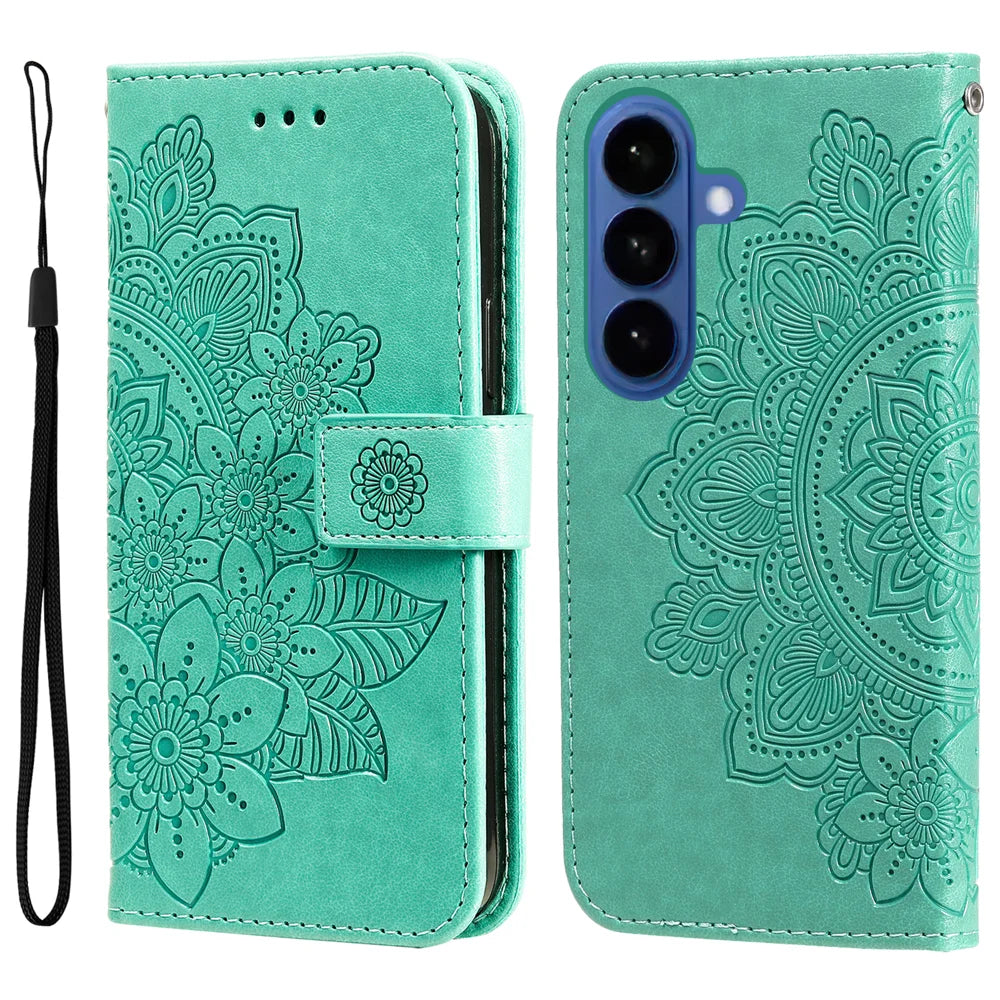 For Samsung Galaxy S26 Case Floral Pattern PU Leather Wallet Stand Phone Cover - Green - 1