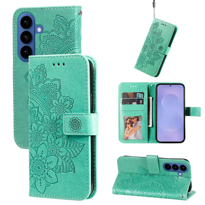For Samsung Galaxy S26 Case Floral Pattern PU Leather Wallet Stand Phone Cover - Green - 3