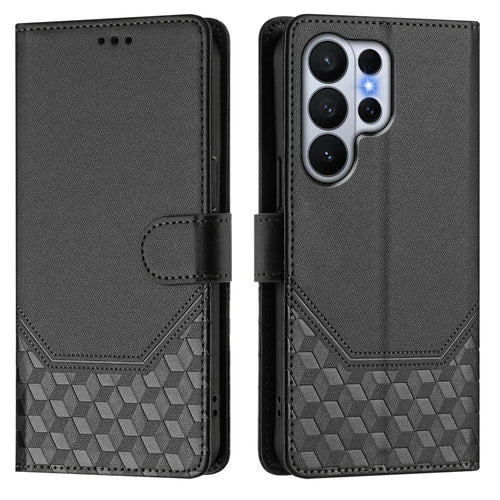 For Samsung Galaxy S26 Ultra Case Imprinted Honeycomb RFID Blocking Leather Phone Cover with Strap - Black - 1