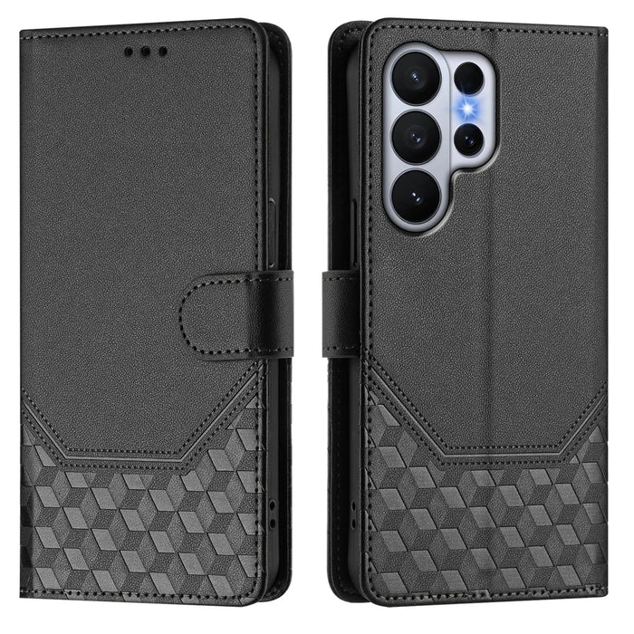 For Samsung Galaxy S26 Ultra Case Imprinted Honeycomb RFID Blocking Leather Phone Cover with Strap - Black - 1