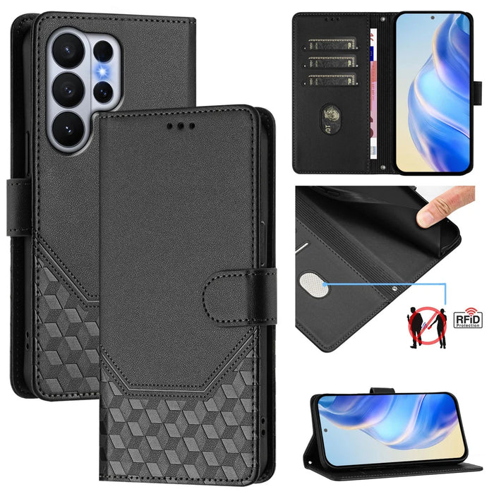 For Samsung Galaxy S26 Ultra Case Imprinted Honeycomb RFID Blocking Leather Phone Cover with Strap - Black - 2