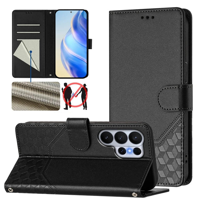 For Samsung Galaxy S26 Ultra Case Imprinted Honeycomb RFID Blocking Leather Phone Cover with Strap - Black - 3