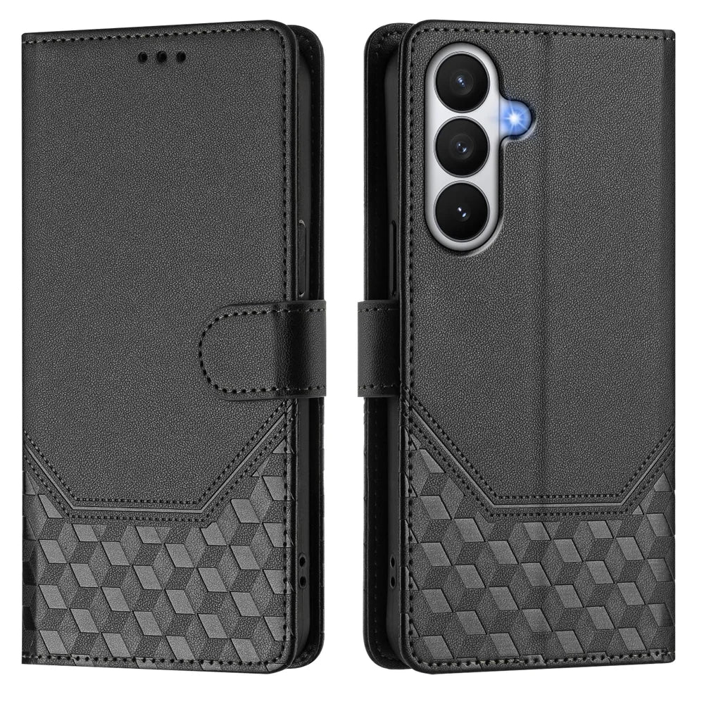 For Samsung Galaxy S26 Case Imprinted Honeycomb RFID Blocking Leather Phone Cover with Strap - Black - 1