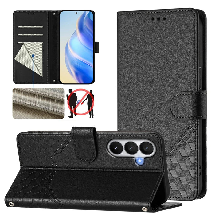 For Samsung Galaxy S26 Case Imprinted Honeycomb RFID Blocking Leather Phone Cover with Strap - Black - 2