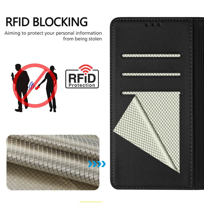 For Samsung Galaxy S26 Case Imprinted Honeycomb RFID Blocking Leather Phone Cover with Strap - Black - 5