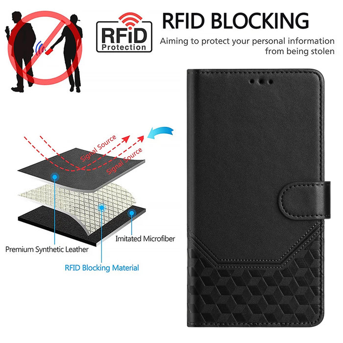 For Samsung Galaxy S26 Case Imprinted Honeycomb RFID Blocking Leather Phone Cover with Strap - Black - 6