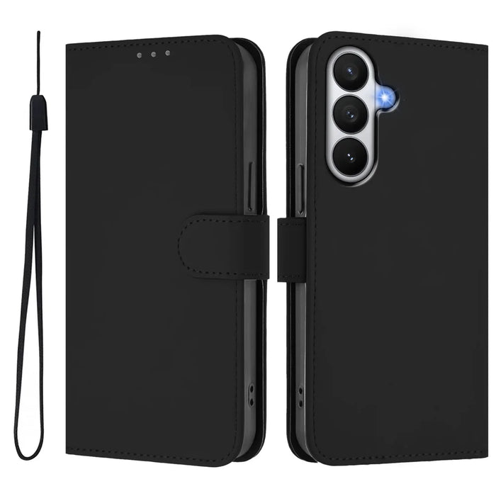For Samsung Galaxy S26 Case Solid Color Wallet Leather Phone Cover with Strap - Black - 1