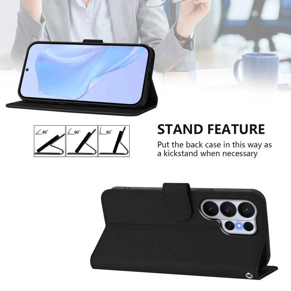 For Samsung Galaxy S26 Ultra Case Solid Color Wallet Leather Phone Cover with Strap - Black - 4