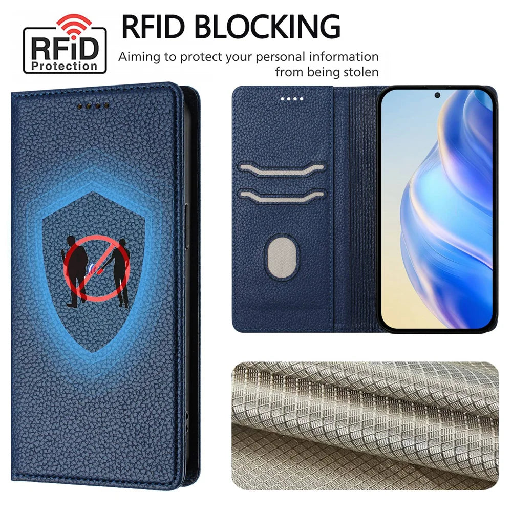 For Sony Xperia 10 VII Wallet Case RFID Blocking Litchi Texture Leather Mobile Cover - Dark Blue - 7