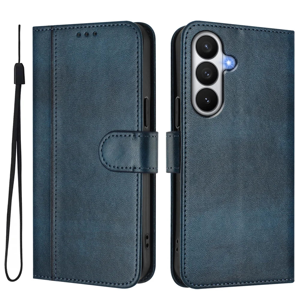 For Samsung Galaxy S26 Cases Wallet Stand Retro Texture Leather Phone Cover with Lanyard - Blue - 1