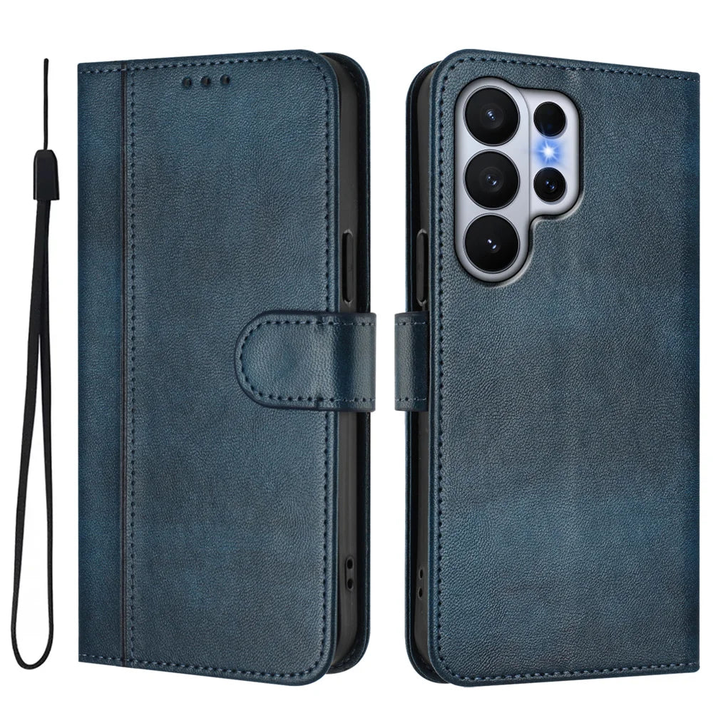 For Samsung Galaxy S26 Ultra Cases Wallet Stand Retro Texture Leather Phone Cover with Lanyard - Blue - 1
