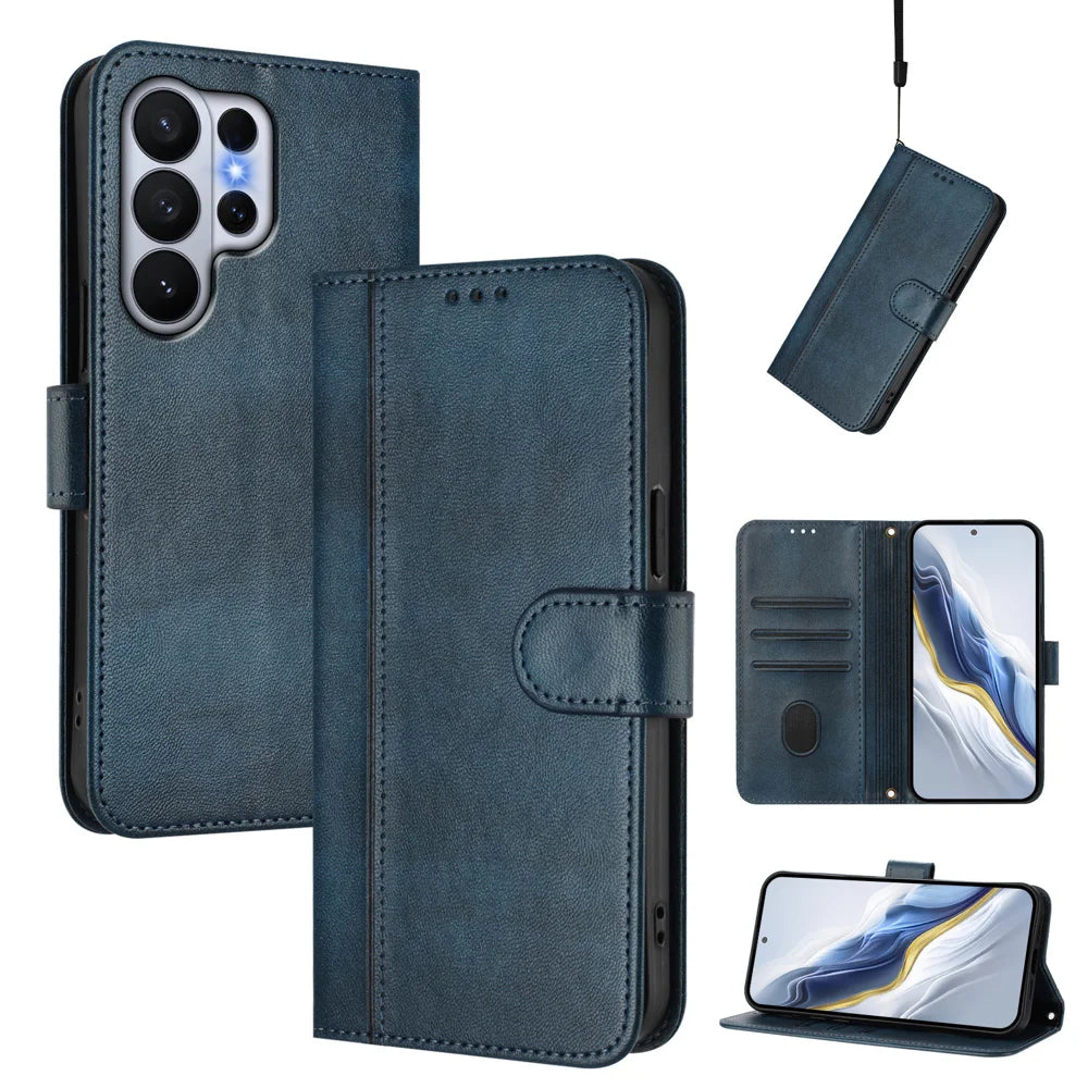 For Samsung Galaxy S26 Ultra Cases Wallet Stand Retro Texture Leather Phone Cover with Lanyard - Blue - 2
