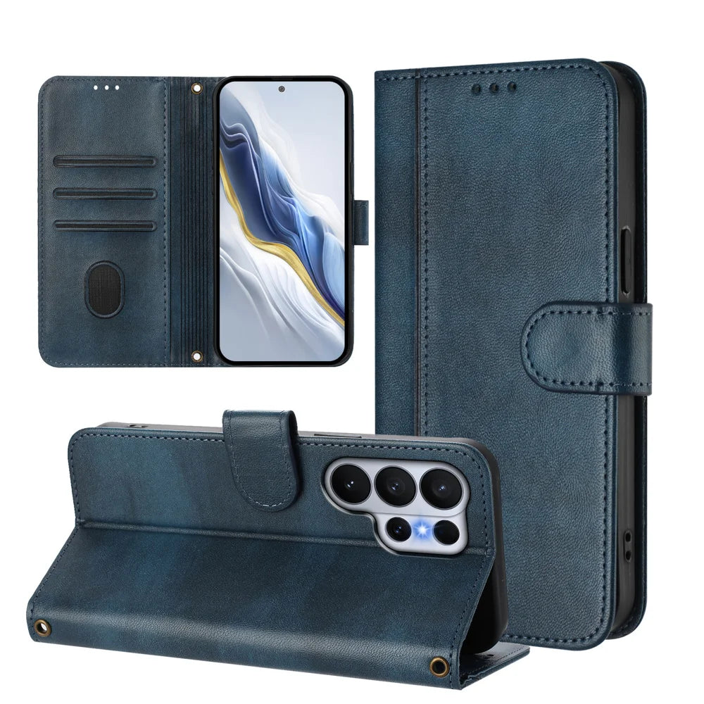 For Samsung Galaxy S26 Ultra Cases Wallet Stand Retro Texture Leather Phone Cover with Lanyard - Blue - 3
