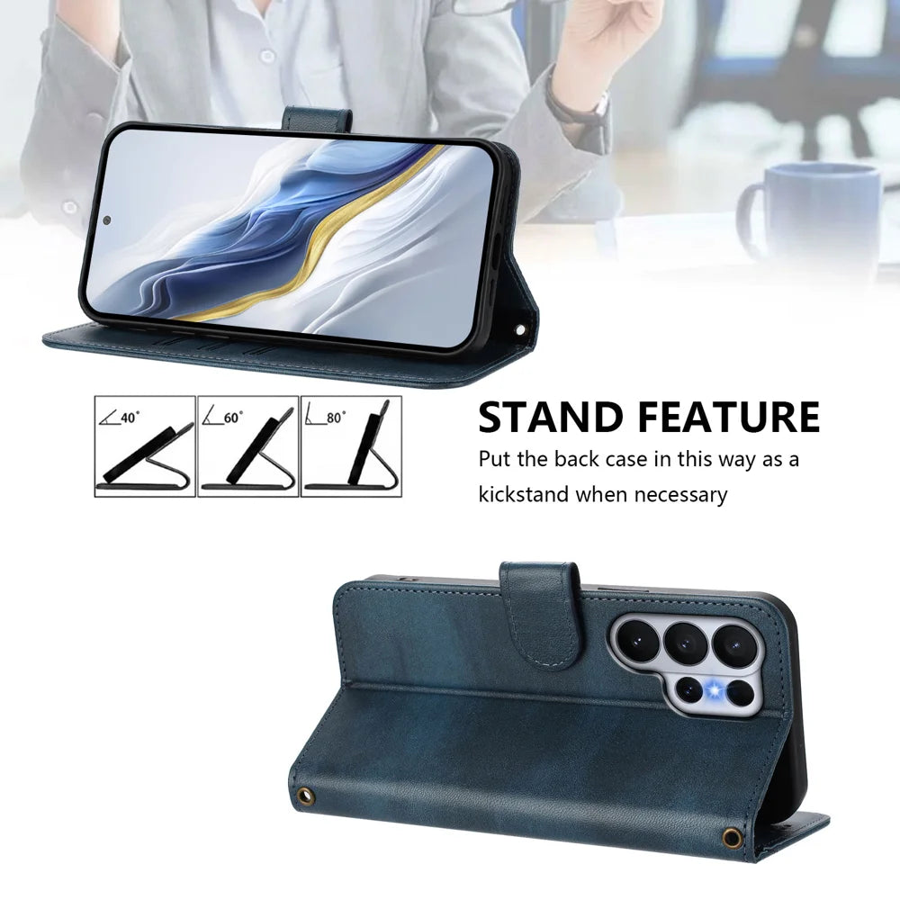 For Samsung Galaxy S26 Ultra Cases Wallet Stand Retro Texture Leather Phone Cover with Lanyard - Blue - 4
