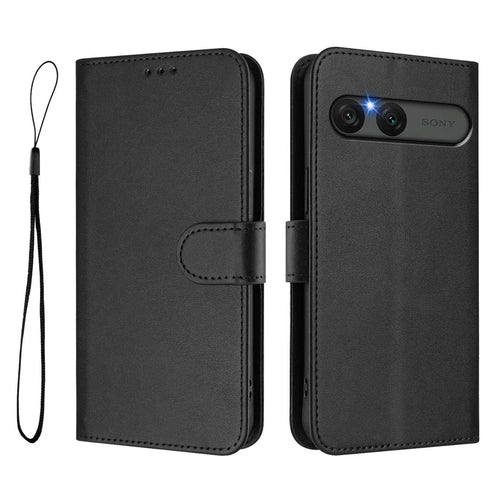 For Sony Xperia 10 VII Wallet Case RFID Blocking Calf Texture Leather Stand Phone Cover with Strap - Black - 1