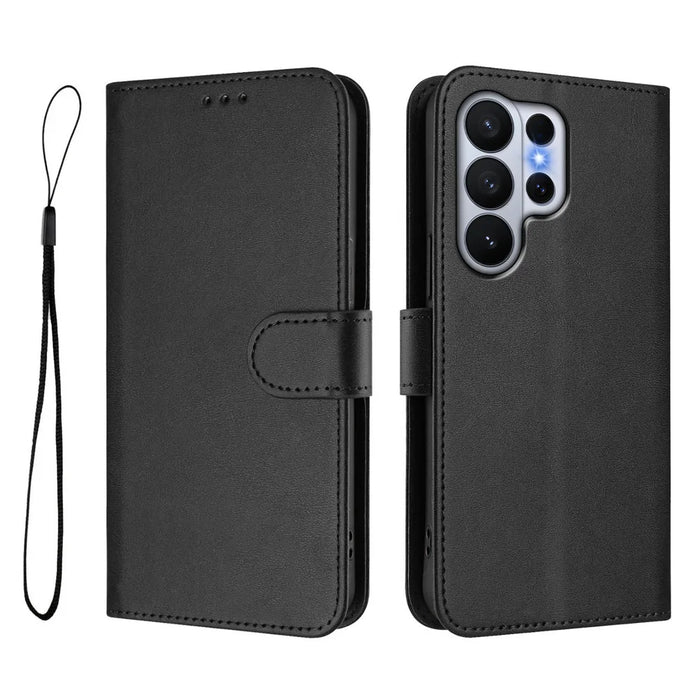 For Samsung Galaxy S26 Ultra Wallet Case RFID Blocking Calf Texture Leather Stand Phone Cover with Strap - Black - 1