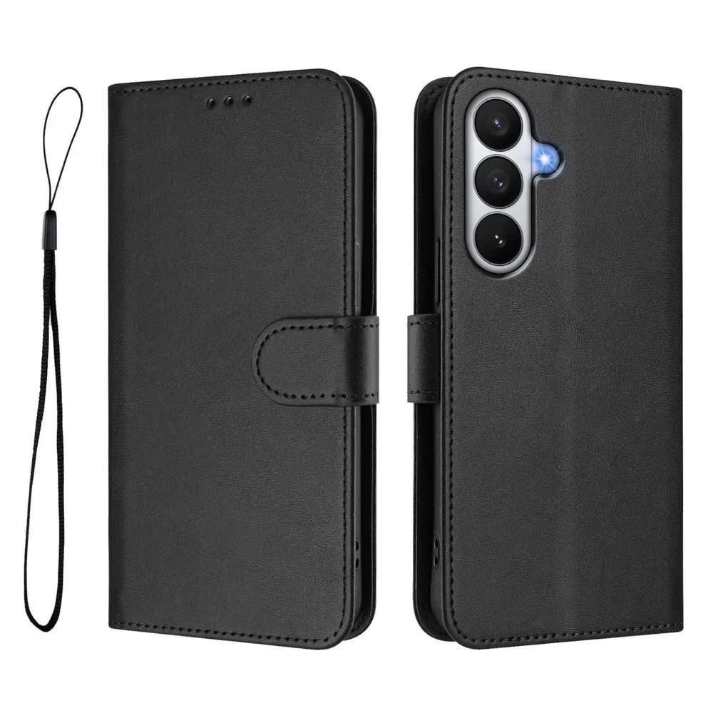 For Samsung Galaxy S26 Wallet Case RFID Blocking Calf Texture Leather Stand Phone Cover with Strap - Black - 1