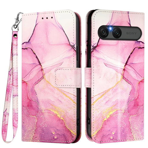 For Sony Xperia 10 VII Case with Strap Marble Pattern Leather Phone Cover Card Holder - Pink / Purple / Gold LS001 - 1