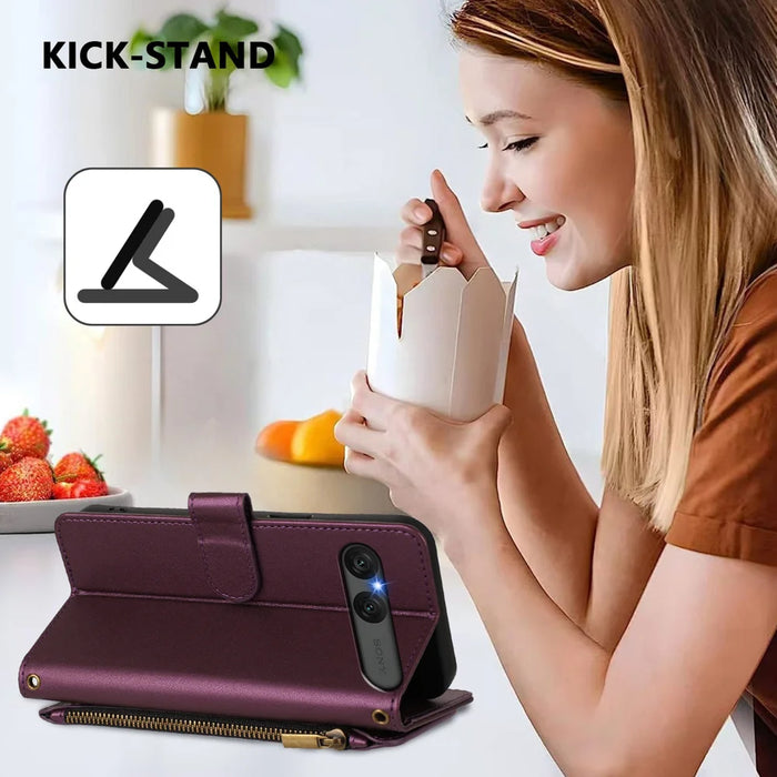 For Sony Xperia 10 VII Leather Case Butterfly Floral Imprint Zipper Wallet Stand Cover with Wrist Strap - Purple - 3