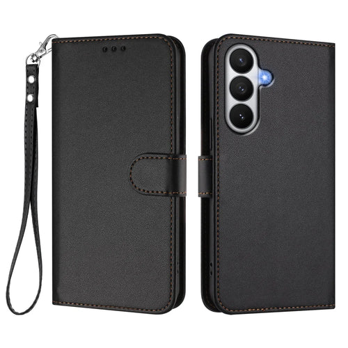 For Samsung Galaxy S26 Leather Case Wallet Stand Phone Cover with Wrist Strap - Black - 1
