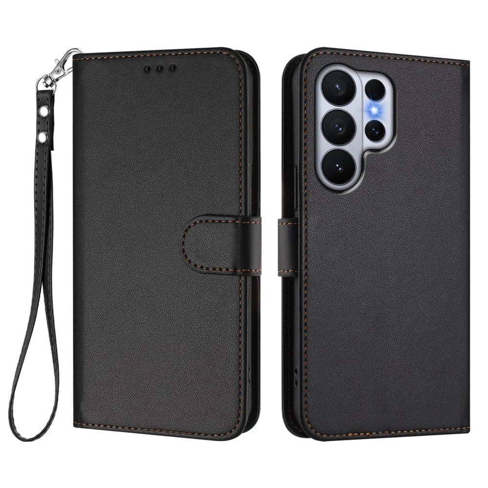 For Samsung Galaxy S26 Ultra Leather Case Wallet Stand Phone Cover with Wrist Strap - Black - 1