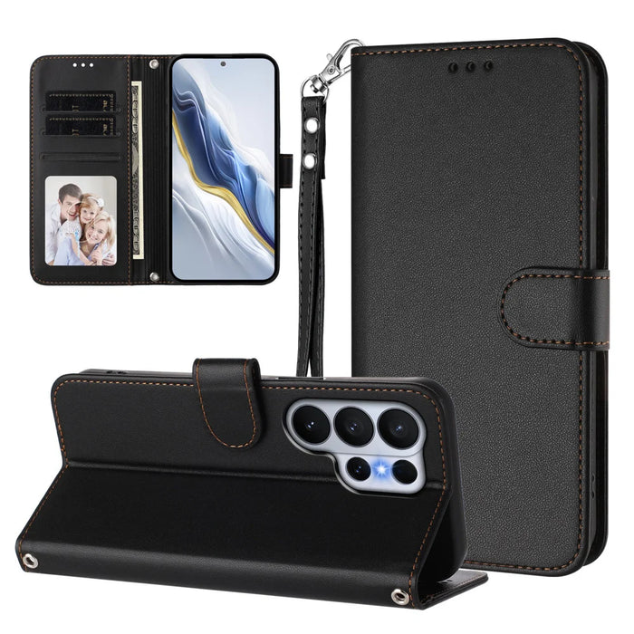 For Samsung Galaxy S26 Ultra Leather Case Wallet Stand Phone Cover with Wrist Strap - Black - 3