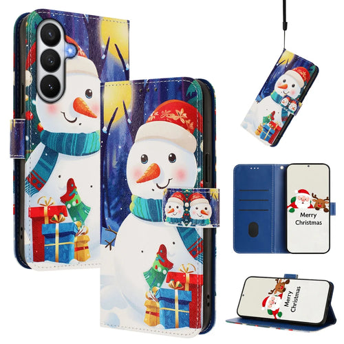 For Samsung Galaxy S26 Wallet Case Christmas Pattern Printing Leather Phone Cover with Lanyard - Gift Box Snowman - 1
