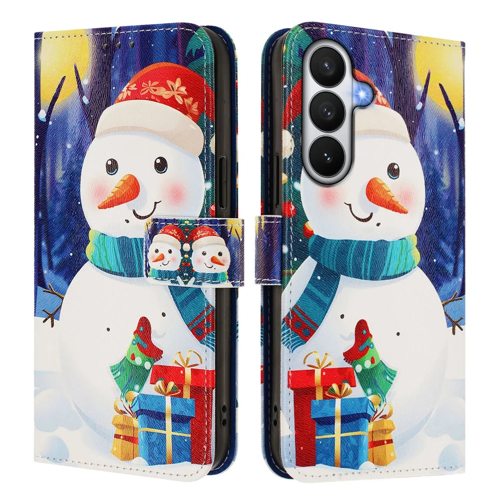 For Samsung Galaxy S26 Wallet Case Christmas Pattern Printing Leather Phone Cover with Lanyard - Gift Box Snowman - 2