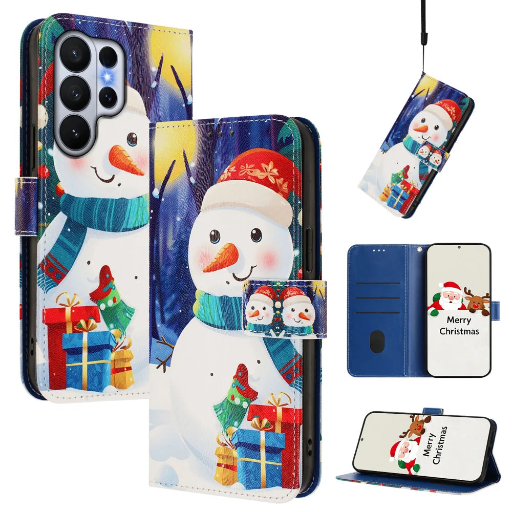 For Samsung Galaxy S26 Ultra Wallet Case Christmas Pattern Printing Leather Phone Cover with Lanyard - Gift Box Snowman - 1
