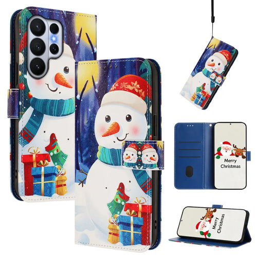 For Samsung Galaxy S26 Ultra Wallet Case Christmas Pattern Printing Leather Phone Cover with Lanyard - Gift Box Snowman - 1