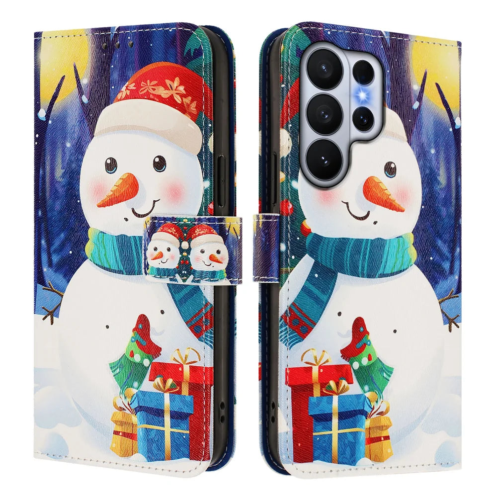 For Samsung Galaxy S26 Ultra Wallet Case Christmas Pattern Printing Leather Phone Cover with Lanyard - Gift Box Snowman - 2
