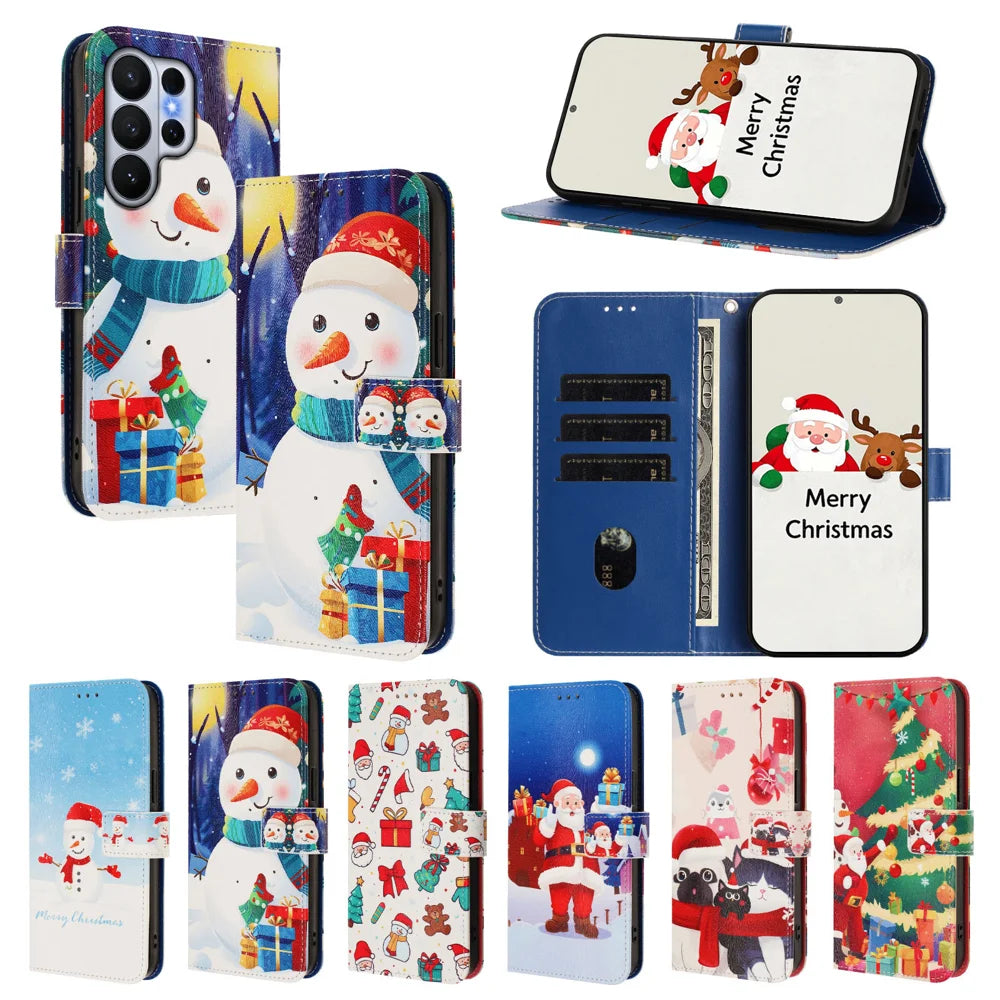 For Samsung Galaxy S26 Ultra Wallet Case Christmas Pattern Printing Leather Phone Cover with Lanyard - Gift Box Snowman - 4