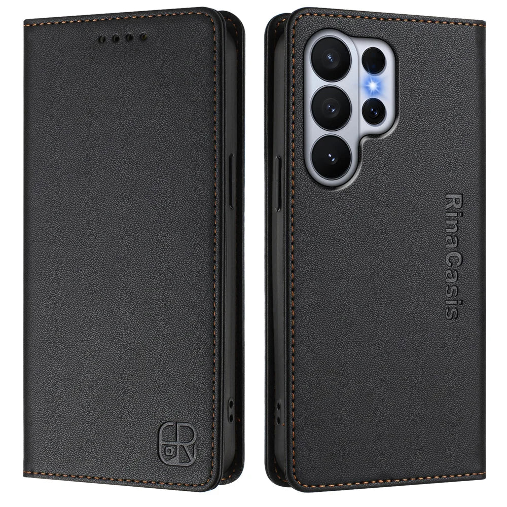 For Samsung Galaxy S26 Ultra Leather Case RINACASIS RC01 Phone Cover with RFID Blocking Wallet Stand - Black - 1