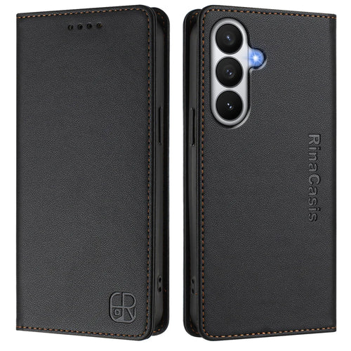 For Samsung Galaxy S26 Leather Case RINACASIS RC01 Phone Cover with RFID Blocking Wallet Stand - Black - 1